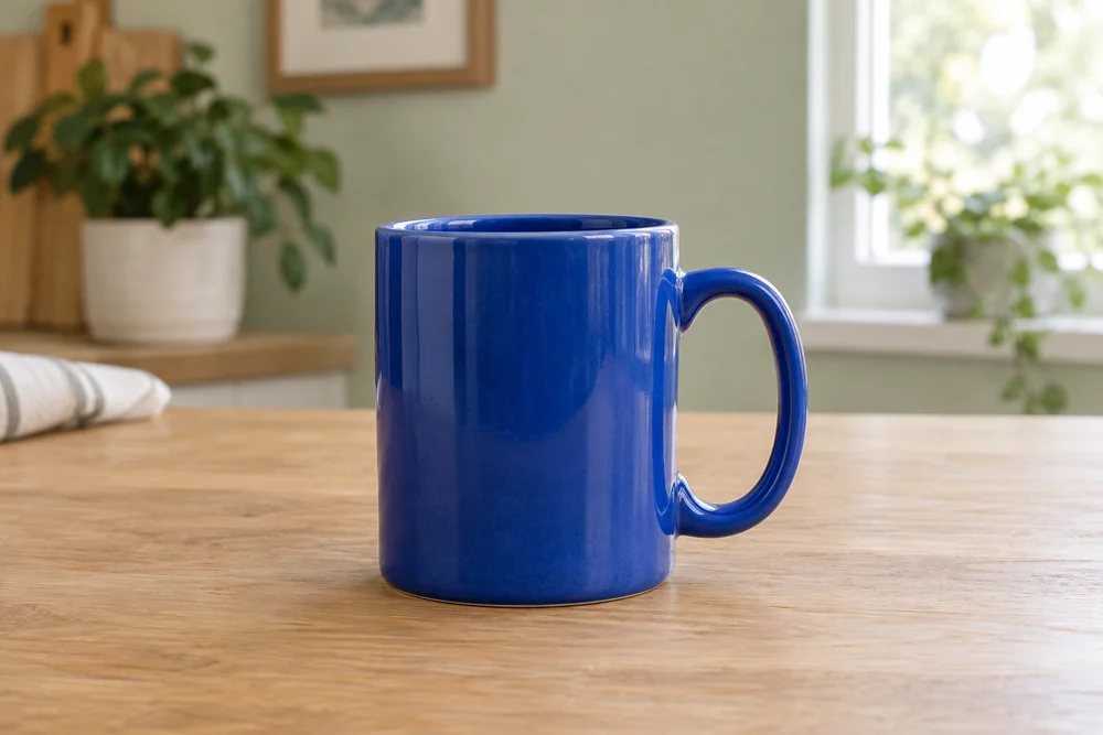 Foto original de una taza de cerámica azul sobre una mesa de madera junto a una ventana